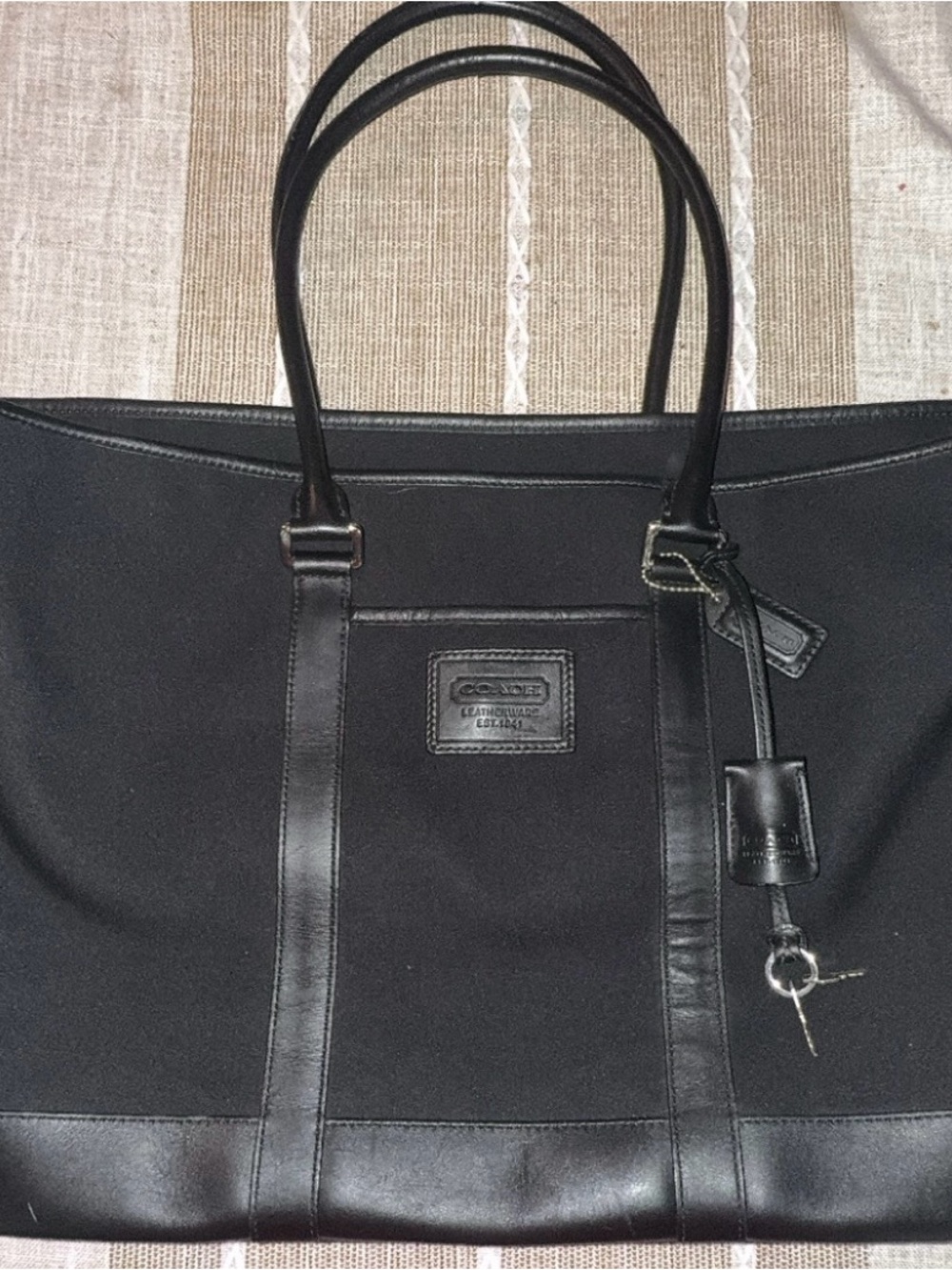 Coach Black Canvas Shoulder Tote with Leather Trim